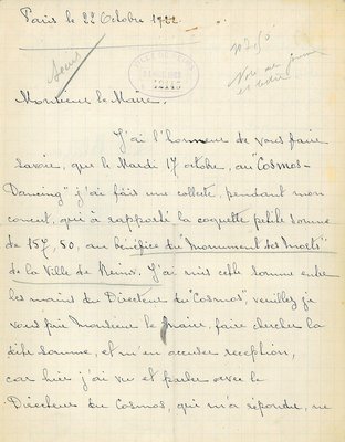 Courrier de don d’un chanteur en faveur de l’édification du monument aux morts, octobre 1922
