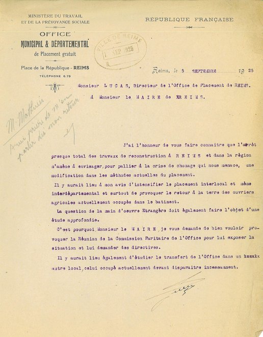 Courrier de l’Office de placement de Reims relatif à l’évolution du marché du travail, 5 septembre 1925 