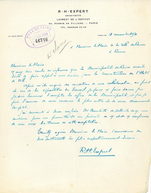 Courrier de l’architecte Roger-Henri Expert remerciant la municipalité de lui confier la reconstruction de l’hôtel de ville, 18 novembre 1920 