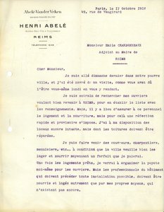 Lettre d’Henri Abelé demandant au maire s’il peut loger ses ouvriers viticoles le temps qu’il leur reconstruise un logement. Il y évoque également les sujets du ravitaillement en charbon et le déblaiement des rues, 17 octobre 1918 
