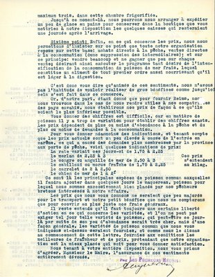 Lettre de la société des Pêcheurs réunis annonçant au maire les modalités de livraison de poisson pour le ravitaillement de la population, 6 mars 1919 