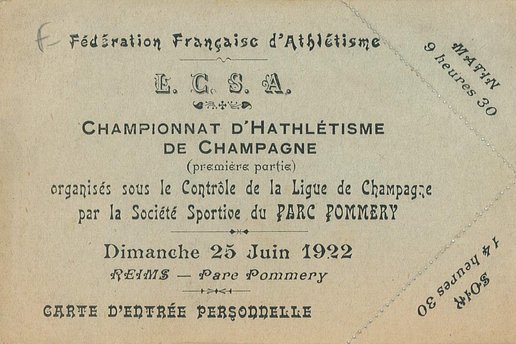 Entrée pour le championnat d’athlétisme de Champagne, 25 juin 1922 