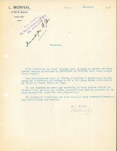 Lettre de la société L. Morival annonçant au maire la possibilité de livraison de fourrages et de pailles, décembre 1918 