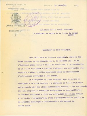 Courrier du maire d’Orléans relatif au don pour la construction de maisons ouvrières, 16 décembre 1921 