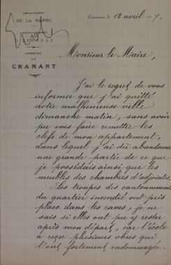 Lettre de la directrice de l’école de Clairmarais, émigrée à Cramant, au maire de Reims, 12 avril 1917 