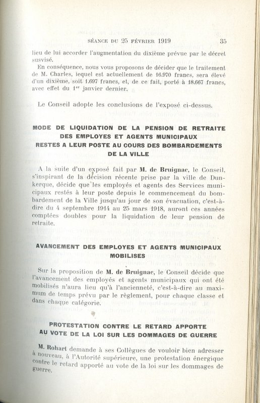 Délibérations du 25 février 1919 sur le mode de liquidation de la pension de retraite des employés et agents municipaux restés à leur poste au cours des bombardements de la ville et l’avancement des employés et agents municipaux mobilisés 