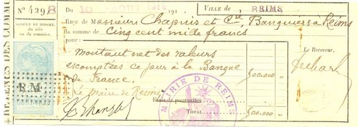 Reçus bancaires des 10 et 12 août 1914 attestant le paiement de 2 fois 500 000 francs à monsieur le maire de Reims 