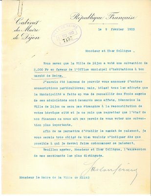Courrier du maire de Dijon relatif au don pour la construction de maisons ouvrières, 3 décembre 1921