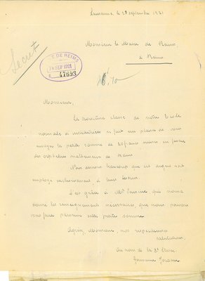 Courrier de don d’une classe d’institutrices en faveur des orphelins de Reims, septembre 1921 