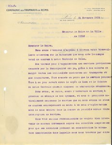Lettre de la Compagnie des tramways de Reims interpellant le maire sur la pénurie de charbon, 21 novembre 1919