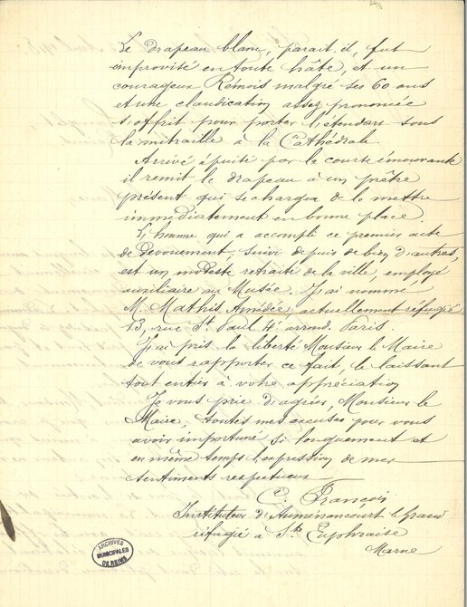 Courrier adressé au maire de Reims relatant le courage d’un employé lors de l’entrée des Allemands dans la ville, 25 avril 1918 