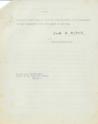 ) Courrier de la Dotation Carnegie relatif à son aide pour la reconstruction de la bibliothèque, 10 juillet 1925 