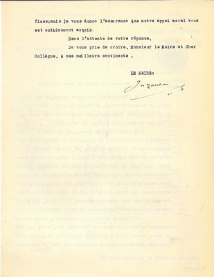 Courrier du maire de Tours relatif au don pour la construction de maisons ouvrières, 28 novembre 1921 