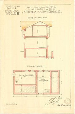 Plans coupe, sous-sol, rez-de-chaussée et premier étage des maisons type 2 chambres modèle 2 de la cité-jardin de la Maison Blanche, Herbé et Deffaux, 21-25 juillet 1924 