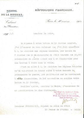 Courrier du ministère de la Guerre relatif à la demande de mise à disposition de prisonniers de guerre, 18 janvier 1919 