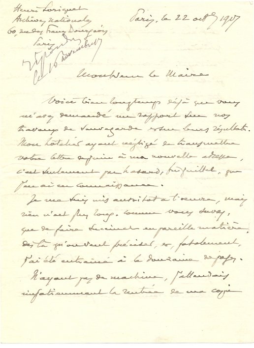  Lettre d’Henri Loriquet au maire de Reims relative à l’envoi du rapport sur les travaux de sauvegarde, 22 août 1917 