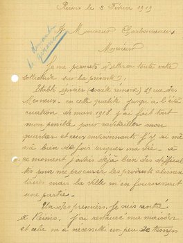 Lettre de Jean Birver adressée au maire afin d’obtenir son soutien pour rouvrir son épicerie, 2 février 1919 