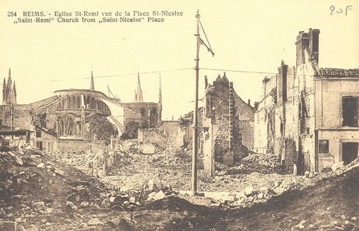 Carte postale, « Reims. Église St-Remi vue de la place St-Nicaise » 