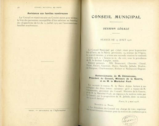 2e séance du conseil municipal à Paris : lecture des remerciements de Monsieur Clemenceau, Président du Conseil, ministre de la Guerre, et de Monsieur le Maréchal Foch.
