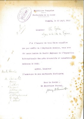 Nomination du maire de Reims membre du comité régional de l’Exposition internationale des arts décoratifs et industriels, 15 septembre 1923 