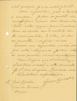 Lettre de Jean Birver adressée au maire afin d’obtenir son soutien pour rouvrir son épicerie, 2 février 1919 