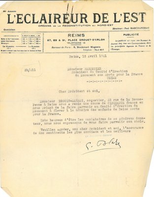 Courriers de l’Éclaireur de l’Est relatif à la souscription en faveur de l’édification du monument aux morts, 1921-1922