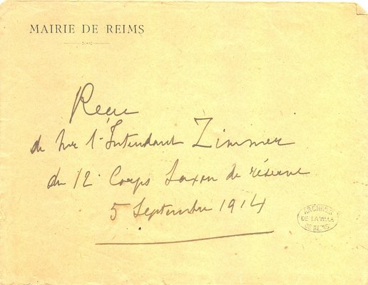 Courrier (et sa traduction) de l’intendant Zimmer du 12e corps saxon de réserve attestant la livraison de la caution d’un million de francs, 5 septembre 1914