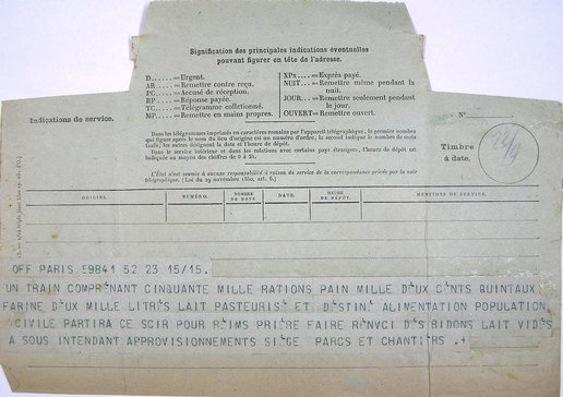 Télégramme concernant l’arrivée d’un train contenant des rations de pain et de lait pour l’alimentation de la population civile 