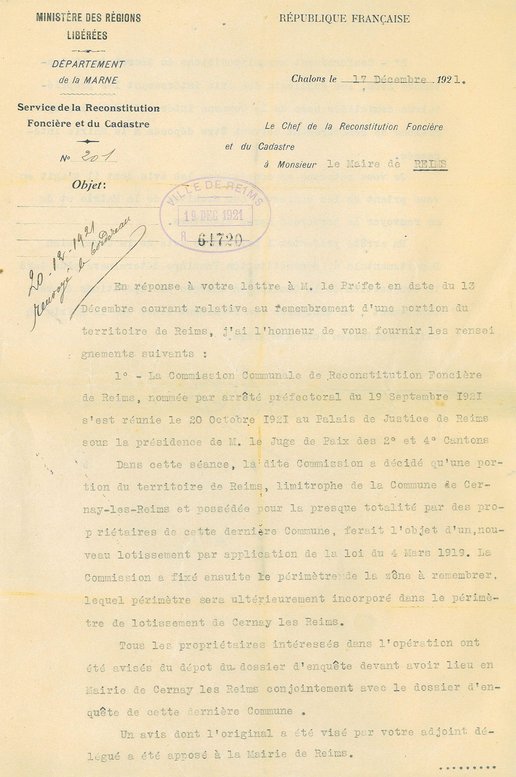 Courrier du service de la reconstitution foncière et du cadastre relatif au remembrement du territoire de Reims, 17 décembre 1921 