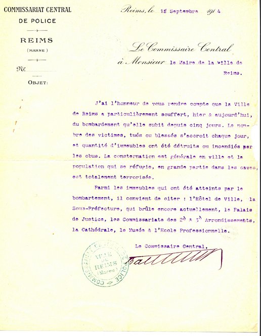 Compte-rendu du commissaire central au maire de Reims du 18 septembre 1914
