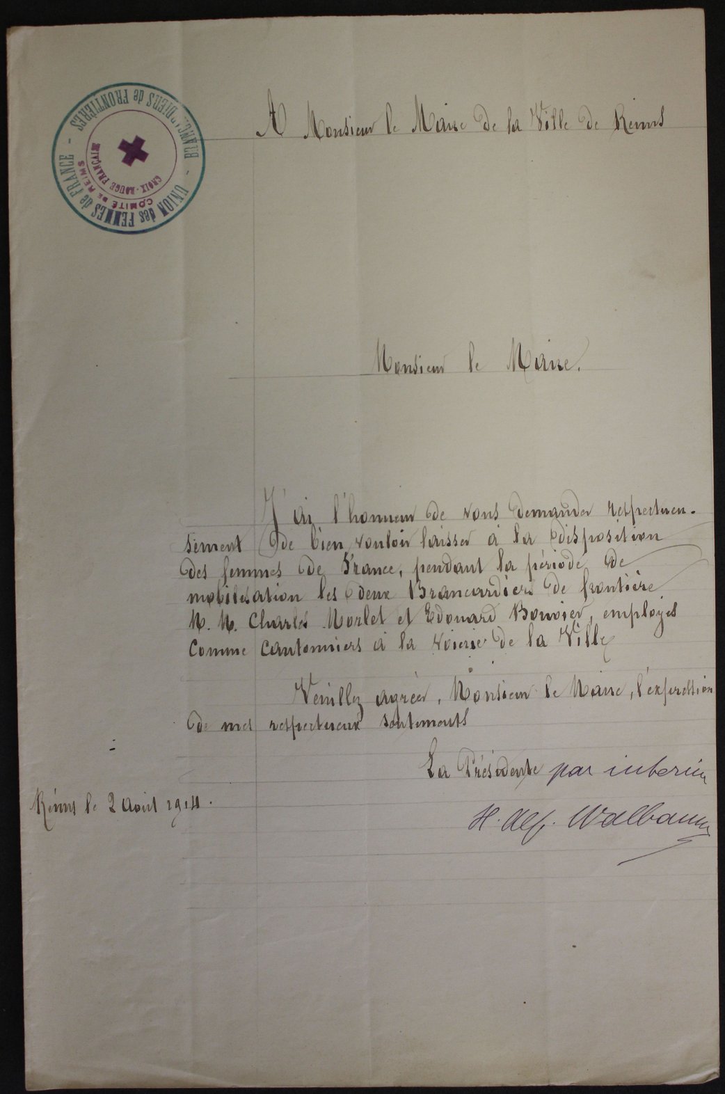 Lettre de la présidente de l’Union femmes France au maire de Reims demandant la mise à disposition de deux brancardiers, 2 août 1914 