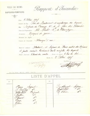 Rapport d’incendie : impasse de Carrouge place des Marchés, 5 mai 1917 