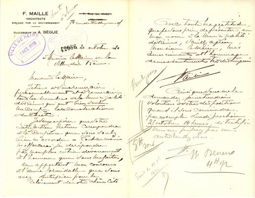 Courrier de l’architecte François Maille remerciant la municipalité de lui confier la reconstruction du théâtre, 20 octobre 1920 
