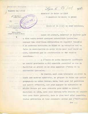 Courrier du maire de Lyon relatif au don pour la construction de maisons ouvrières, 26 décembre 1921 