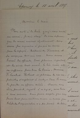 Lettre de Charles Demaison adressée au maire concernant l’arrivée et la prise en charge des convois de réfugiés à Epernay, 12 avril 1917 
