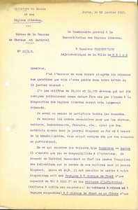 Lettre du Bureau de la cession des chevaux et matériel du ministère du Blocus et des régions libérées informant le maire des modalités de cession de véhicules et de chevaux, 23 janvier 1919 