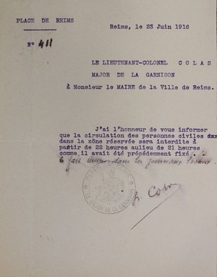 Interdiction de circuler dans la zone réservée à partir de 22 heures, 18 septembre 1915, 23 juin 1916 