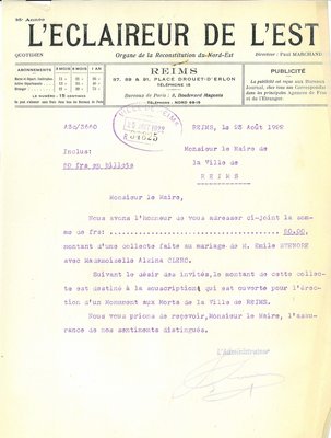 Courriers de l’Éclaireur de l’Est relatif à la souscription en faveur de l’édification du monument aux morts, 1921-1922 