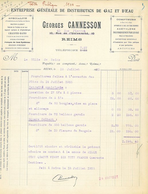 Facture pour la fourniture de décorations lors de la fête nationale, 18 juillet 1923 