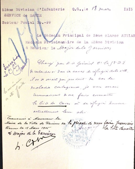 Lettre du médecin principal au médecin divisionnaire de la 52e division concernant la propagation des maladies contagieuses dans les caves, 18 mars 1915 