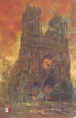 Carte postale, « Reims [La cathédrale en flammes vue du parvis] » 
