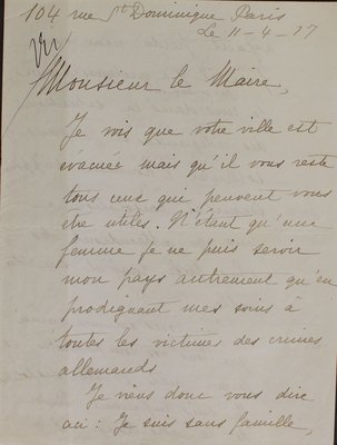 Lettre d’une infirmière volontaire proposant son aide au maire de Reims, 11 avril 1917 