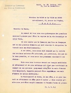 Lettre du Syndicat du commerce des vins de champagne adressée au maire au sujet de la nécessité du retour des ouvriers cavistes et des travaux de déblaiement, 23 octobre 1918