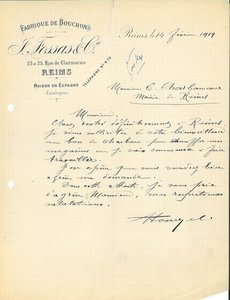 Lettre de la fabrique de bouchons L. Fossas et Cie demandant au maire un bon de charbon pour chauffer ses magasins, 14 février 1919 