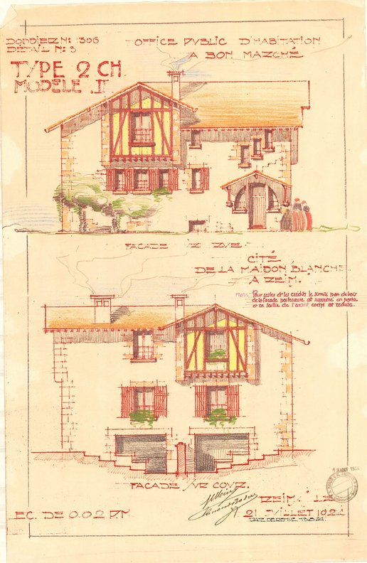 Façades sur rue, cour et latérales des maisons type 2 chambres modèle 2 de la cité-jardin de la Maison Blanche, Herbé et Deffaux, 21 juillet 1924