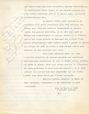 Courrier du maire de Lyon relatif au don pour la construction de maisons ouvrières, 26 décembre 1921 