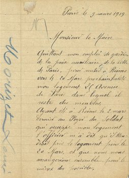 Lettre de Louis Morizet concernant sa demande de prise en charge du rapatriement de son mobilier de Paris à Reims, 9 mars 1919