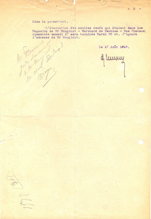Lettre du service des évacuations au maire de Reims concernant les modalités de l’évacuation des biens meubles restants à Reims, 17 août 1918
