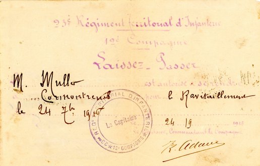 Laissez-passer d’Aristide Muller du 24/09/1916 