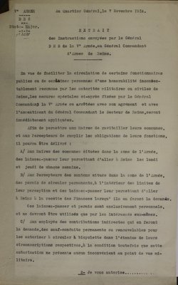 Extrait des instructions envoyées par le général commandant de la direction des étapes et des services de la Ve Armée au général commandant d’armes de Reims concernant la règlementation de la circulation, 7 novembre 1914 
